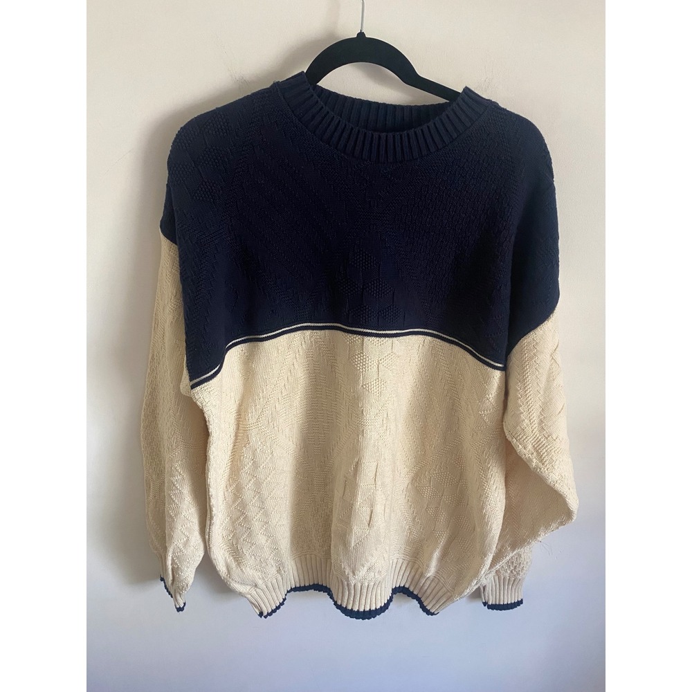 Mens Navy Cream Colorblock Textured Knit Sweater Cotton Made‎ in USA